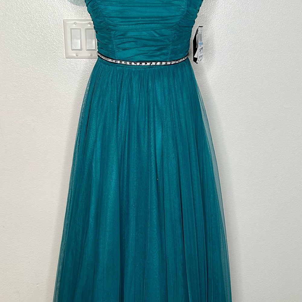 Teal Evening Gown with Rhinestone Belt